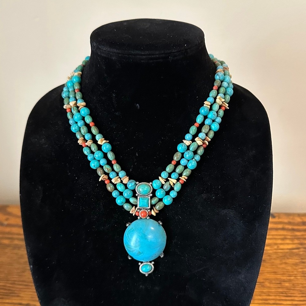 Turquoise Multi Strand Beaded Statement Necklace Boho Southwestern 16 Inch